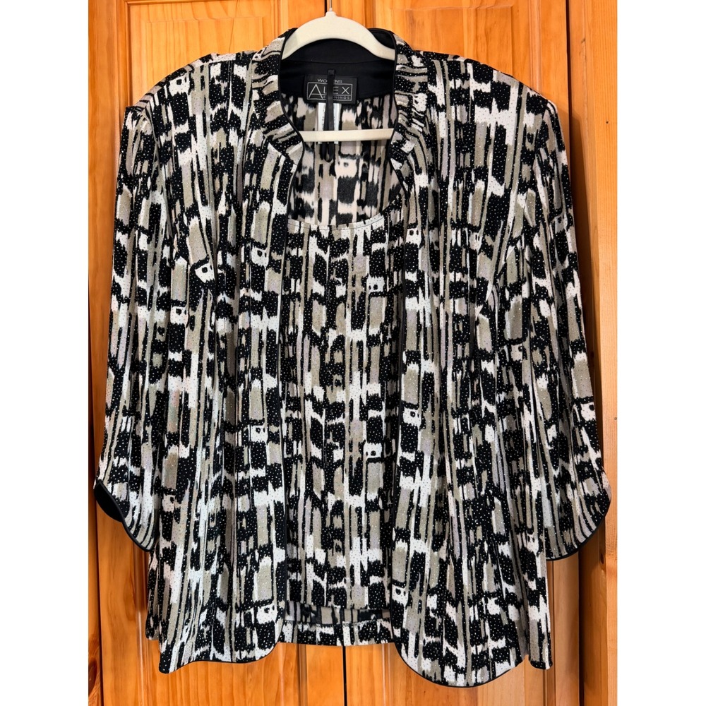 Alex Evenings 2 Pc Twinset Jacket Tank Top 3X Black Abstract Print Glitter Plus